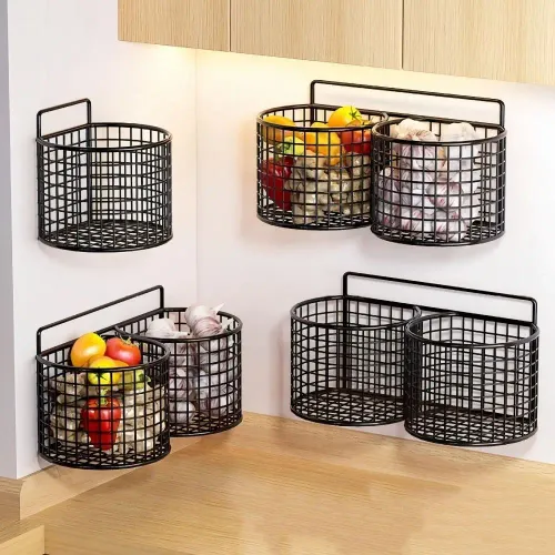Wall Mounted Storage Basket No Punching Space Saving Garlic Ginger Hanging Basket Iron Large Capacity Kitchen Shelf