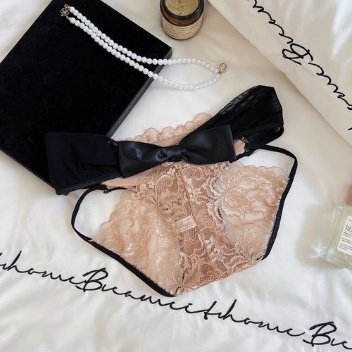 Women sexy Low Rise Mesh Briefs with Cutouts Lace Up Detail and Large Bow Accent