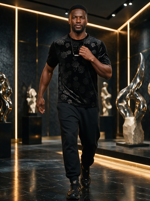 Black T-shirt with a subtle rose pattern