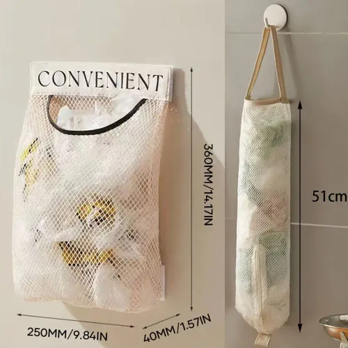Hanging Mesh Storage Bag, Large-Capacity Wall-Mounted Organizer For Storing Kitchen Utensils, Groceries, Plastic Bags.