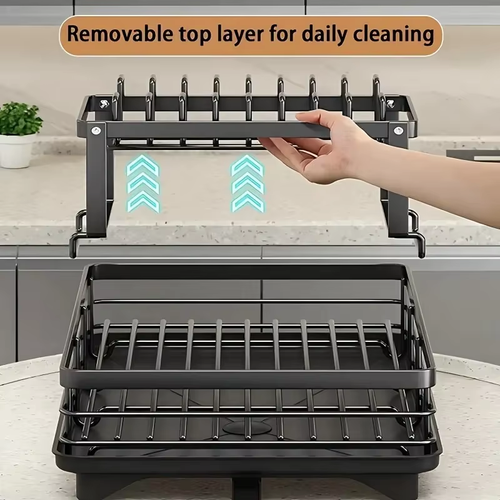 2-Layer Dish Drain Rack Is Suitable for Kitchen Countertop Metal Dish Drain Rack with Knife Cup Tableware Rack with Drain, Glass