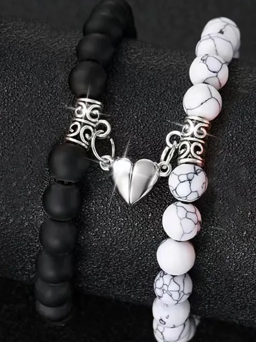 2pc heart & round magnetic couple bracelets Party, Dates, Daily ClothingDecor, Trendy All-match & Exquisite Jewelry for Gift