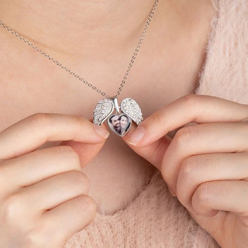 My Guardian Angel Always Close to My Heart - Personalized Sterling Silver Angel Wing Photo Locket Necklace