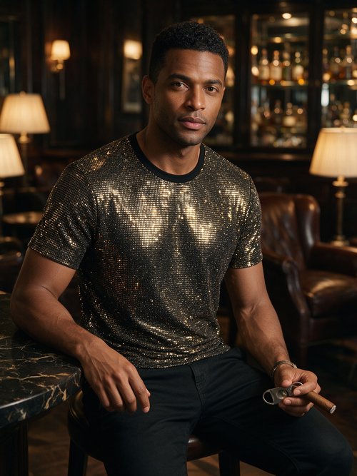 Black Gold Sparkle Diamond, Party Night Scene, Stage Style Trendy Men's Wear