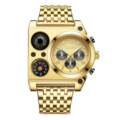 OULM Army Military Watch compass Temperature Display Movement Three Time Clock Big Dial Quartz Men WristWatch relogio masculino