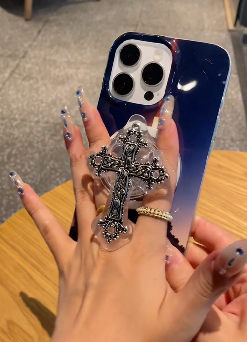 Divine Grip: Religious Theme Phone Grip & Stand with Cross & Madonna Designs