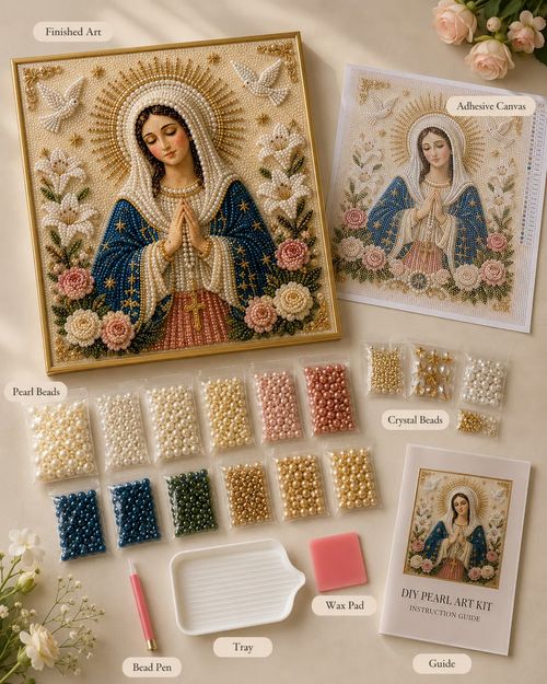 Divine Pearl Bead Virgin Mary Icon – A Peaceful DIY Faith Art Gift 30cm*30cm