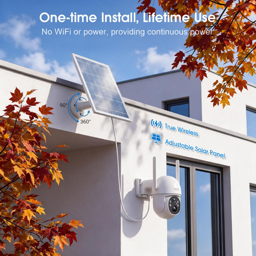 Solar-Powered 4G LTE Cellular Security Camera, Lifetime Free Unlimited Data, Zero Monthly Fees, No WiFi Required for Outdoor Use, 2K Color Night Vision, 360° Pan-Tilt-Zoom, Two-Way Audio, Built-in SIM Card