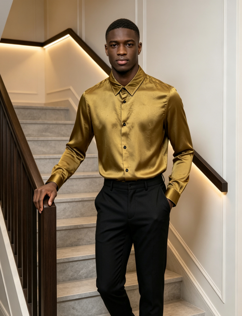 Sophisticated Golden Satin Textured Long Sleeve Shirt