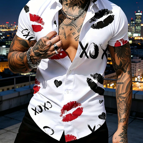 Men's Kiss Print Short-Sleeve Button-Up Shirt