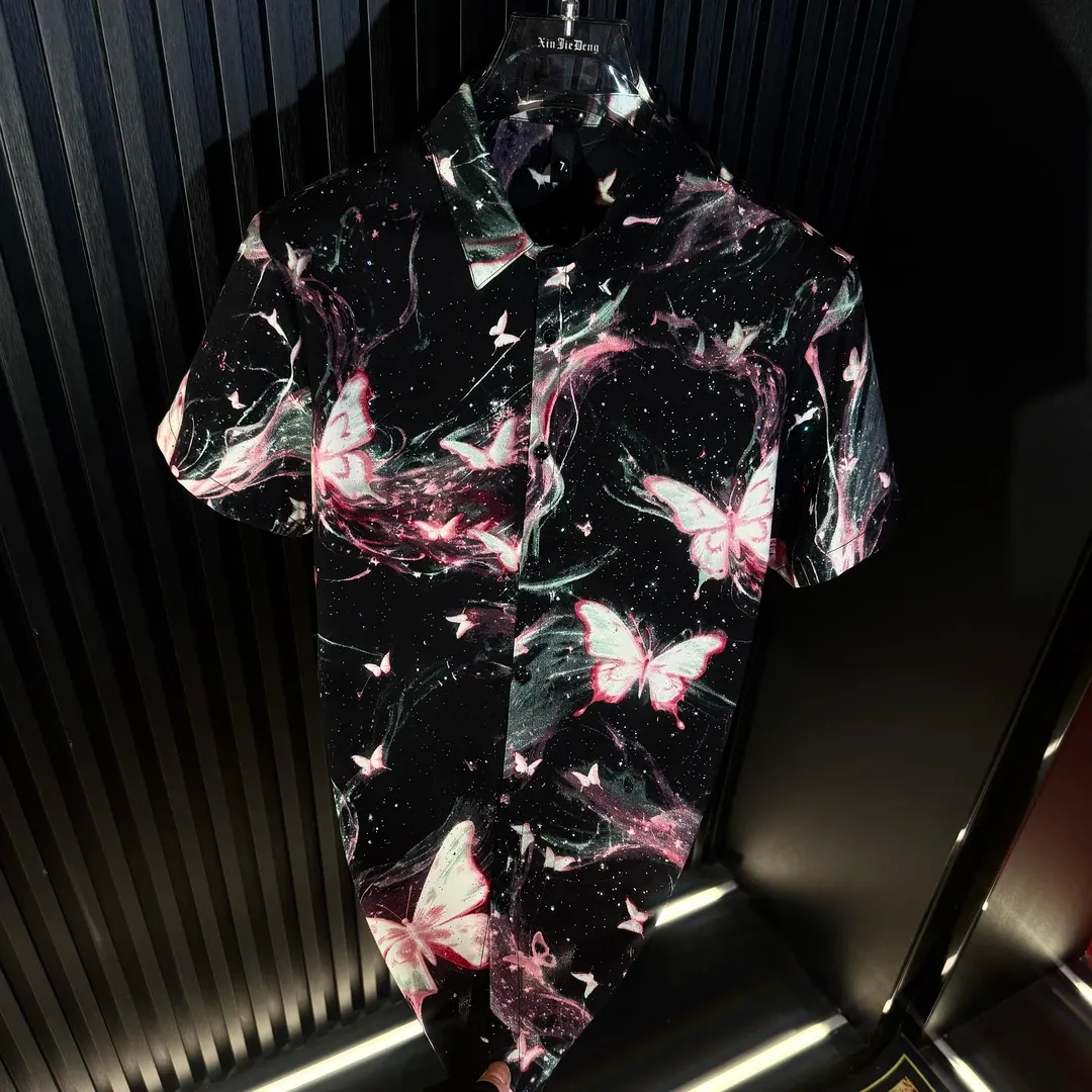 Pink Rhinestone-Embellished Butterfly Ice Silk Shirt