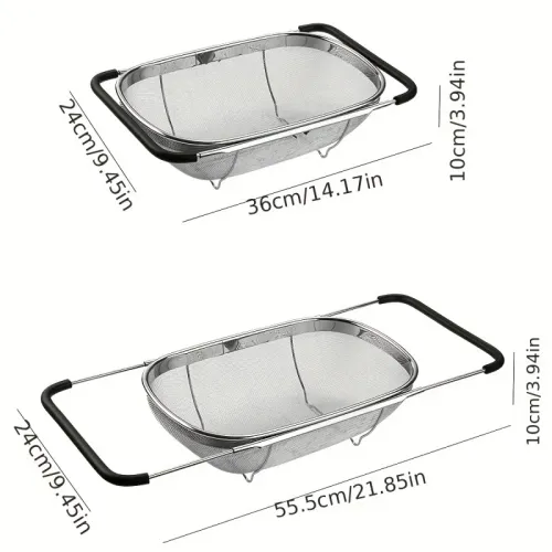 Stainless Steel Retractable Drain Basket Rubber Grip Handles Oval Colander Sink Vegetables Draining Rack Home Storage Basket
