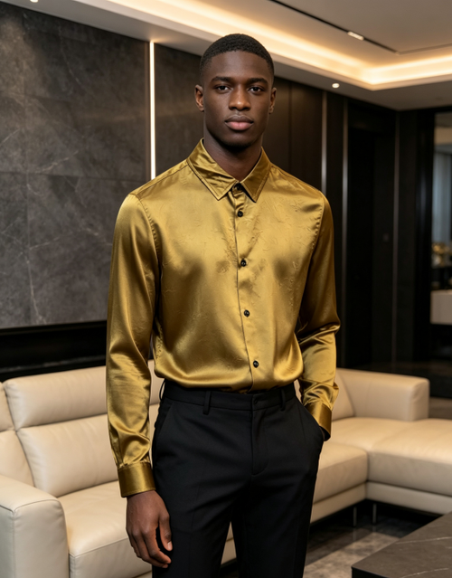 Sophisticated Golden Satin Textured Long Sleeve Shirt