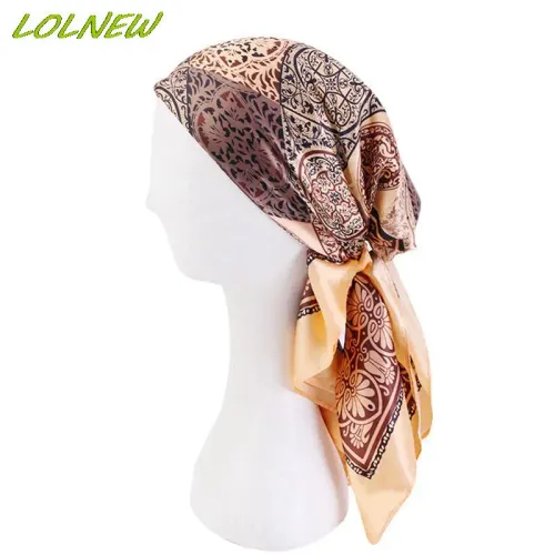 Satin Square Scarf Women Muslim Hijab Elegant 2025 Print Silk Neckerchief Shawl Wraps Headband Handle Hair Accessories Bandana