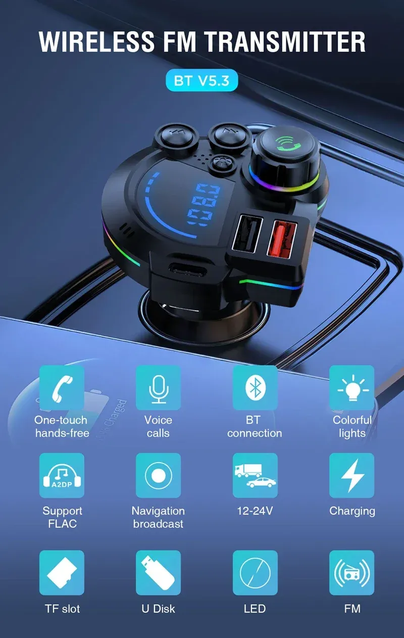 Car Charger Adapter Car Bluetooth 5.3 FM Transmitter MP3 Music Player QC3.0 & PD 20W Dual Fast Charging Wireless for Vehicle