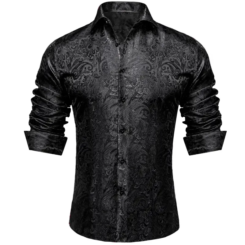 Luxury Purple Paisley Polyester Shirts for Men Long Sleeve Wedding Prom Men Clothing Button Down Collar Social Dress Shirt