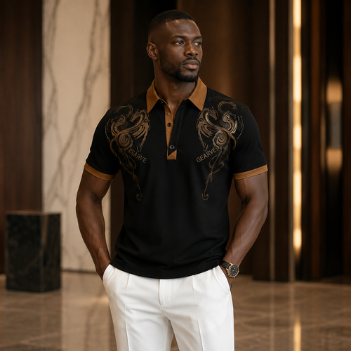Short-sleeved shirt with gold-foil galloping horse print