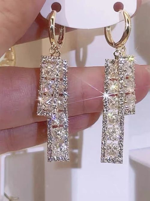 Fashionable luxury gold-plated rectangular diamond double zircon earrings rectangular crystal square zircon tassel earrings