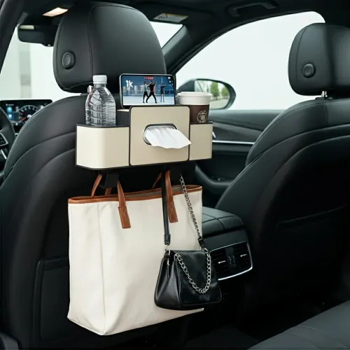Car Seat Back Multifunctional Storage Box, Car Seat Back Tissue Box, with Water Cup Holder and Phone Holder. 2-in-1 Storage Rack