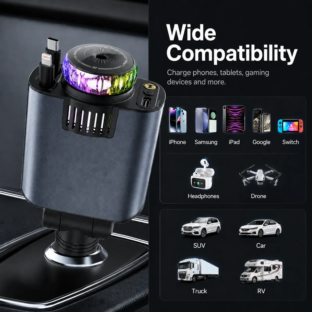 45W Retractable Car Charger with Starry Light Aromatherapy Diffuser Built-in Lightning USB-C Cable Type-C Fast Charging Adapter