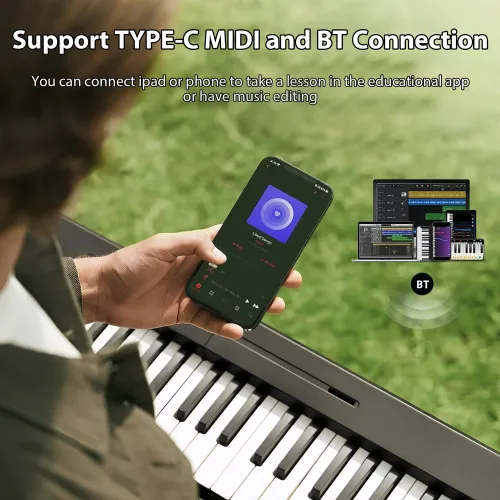 Foldable piano touch sensitive 200 tone BT MIDI USB rechargeable travel home practice creation