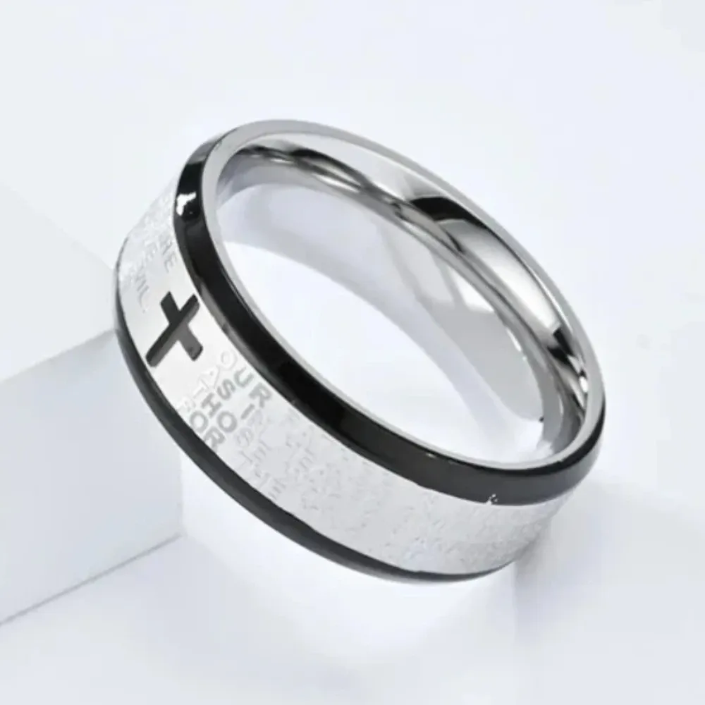 Vintage Cross Scripture Ring Fashionable Men's Stainless Steel Prayer Talisman Rings Catholic Faith Jewelry Gifts