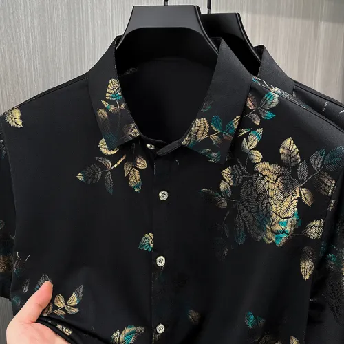 2026 men's new style short-sleeved shirt lapel single-breasted gold-hot stamping print summer tops breathable trendy men's wear