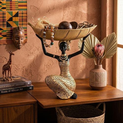 African Tribal Woman Resin Statue With Leaf Bowl Tray Black White Ethnic Figurine Decorative Storage Dish for Home Tabletop Deco