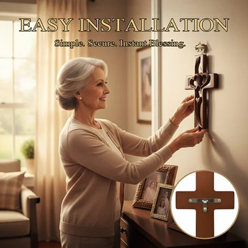 Hand-carved wooden wall decoration with a heart-shaped cross