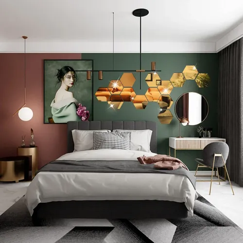 15pcs 3D Hexagon Mirror Wall Sticker Rose Gold DIY TV Background Living Room