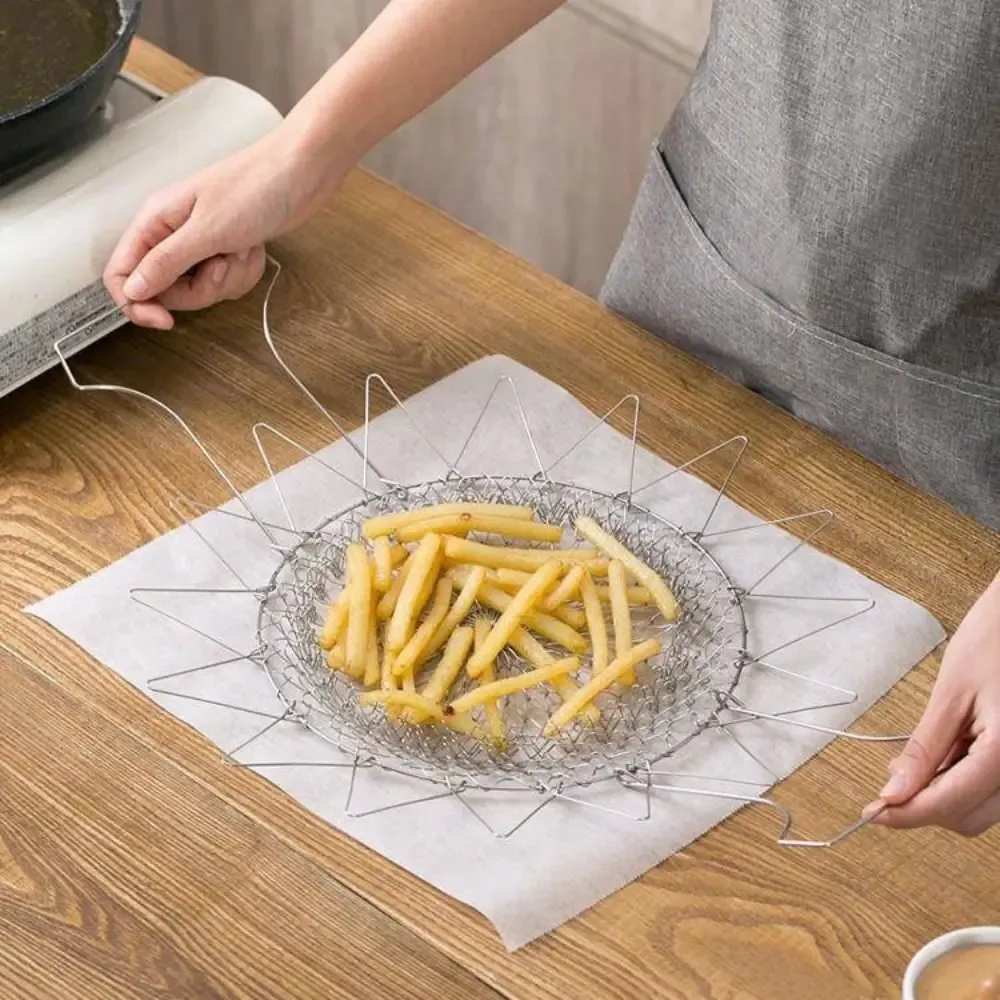 2PCS Durable Stainless Steel Fryer Basket Foldable Multifunctional Fried Filter Screen Silver Drain Oil Basket Kitchen Supplies