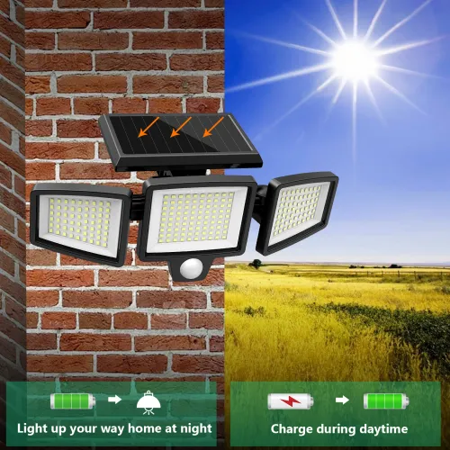Outdoor Waterproof Solar Light with Motion Sensor 3-Head 200+ LEDs Security Light for Porches Garages Yard Entrances