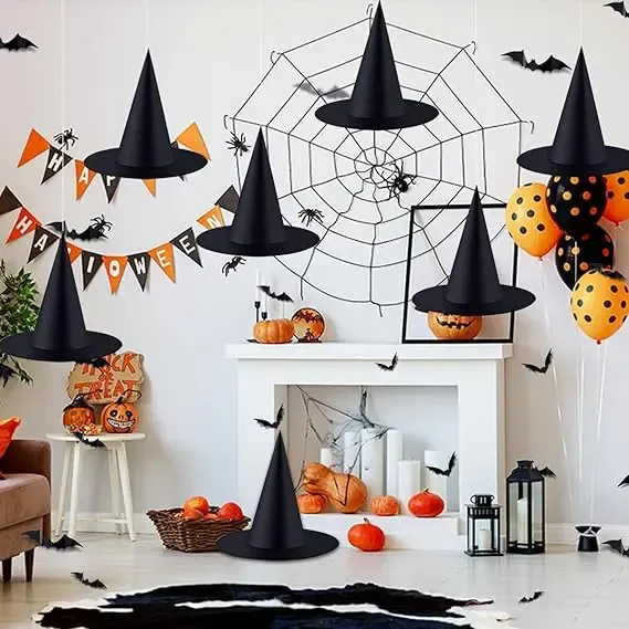 6 PCS Halloween Black Witch Hats Decoration Hanging Witch Wizard Hats Bulk with 3D Bats Wall Stickers for Halloween Party Costume Accessory Indoor Outdoor Yard Porch Decor Magical Ornaments