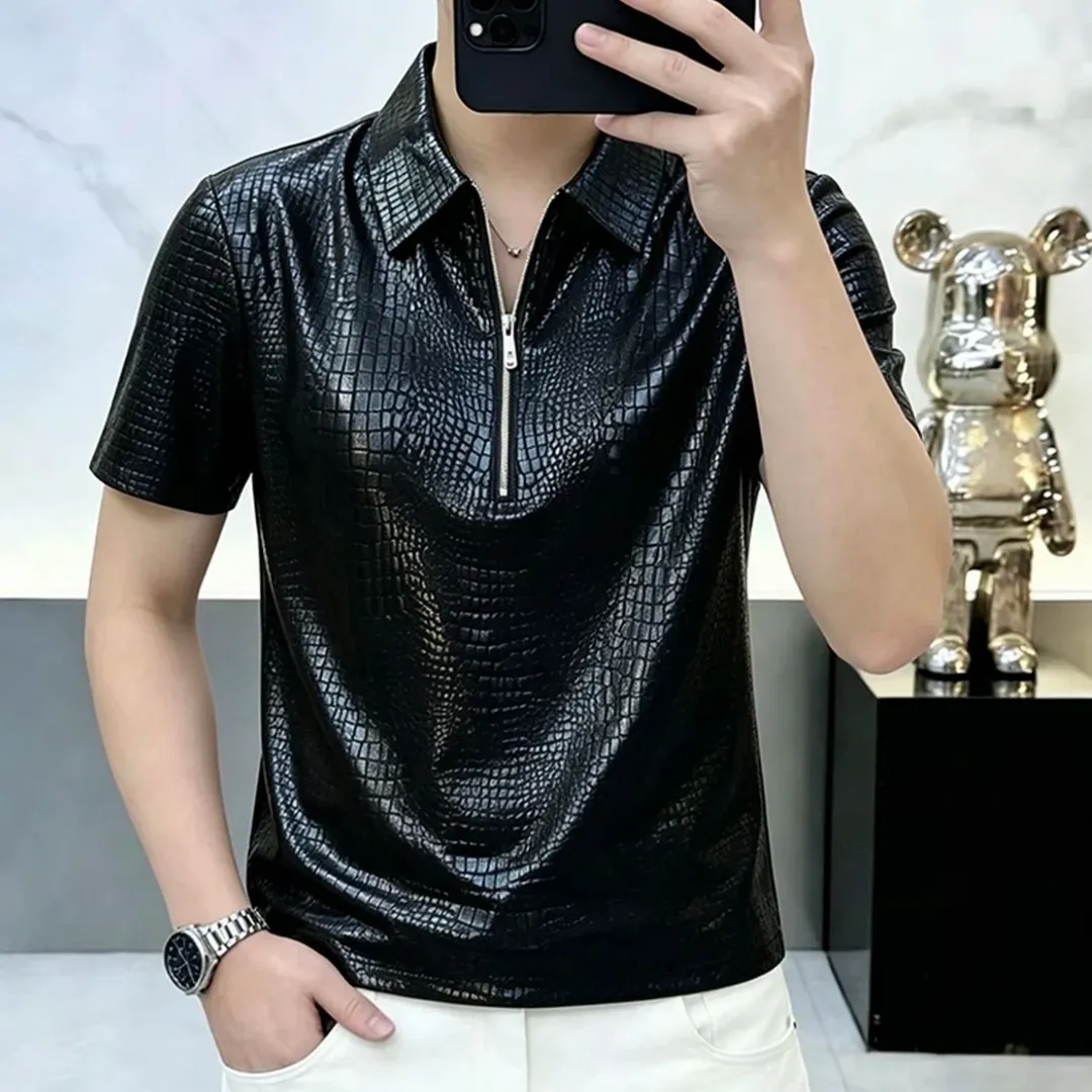 Snake-print sequined T-shirt with zipper detail