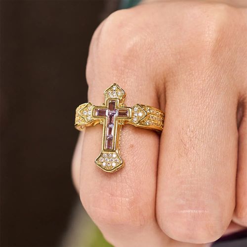 An open-band ring featuring a central cross motif, adorned with sparkling cubic zirconia—perfect for daily wear, keeping His care by your side.