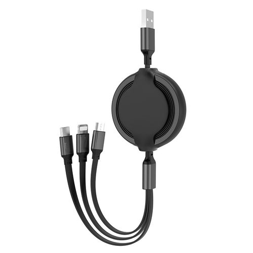 3-in-1 Retractable USB Data Cable — Multi-Interface Fast Charging Cable for Transsion, iPhone, Samsung, Huawei, and Xiaomi