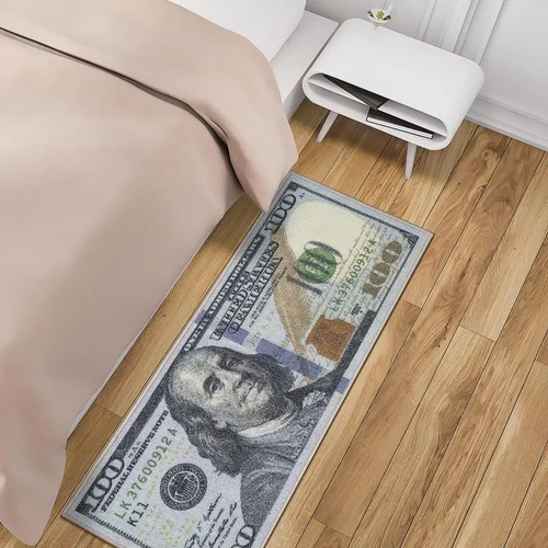 Cotton Flat Weave Home Decorative Rug - $100 Bill Print, Anti-Shrink, Washable, Non-Slip Rubberback Floor Runner, Modern Multicolor, for Bedroom, Hallway