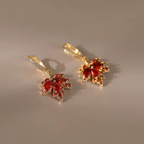 3pcs Original Design Shiny Red Natural Zircon Maple Leaf Earrings For Women Fashion 585 Rose Gold Color