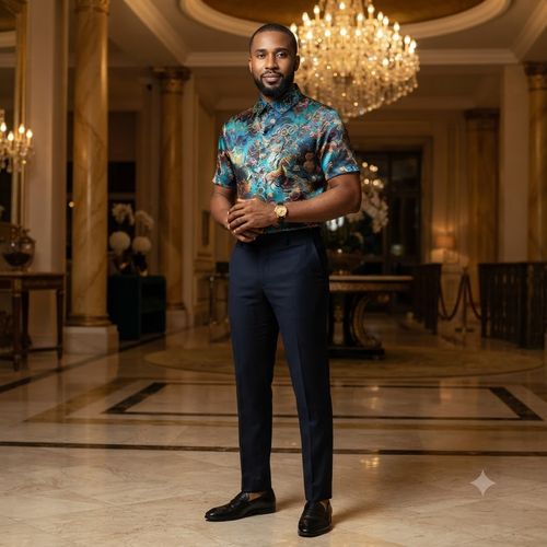 Blue velvet shirt featuring horse and gourd prints, crafted from ice silk.