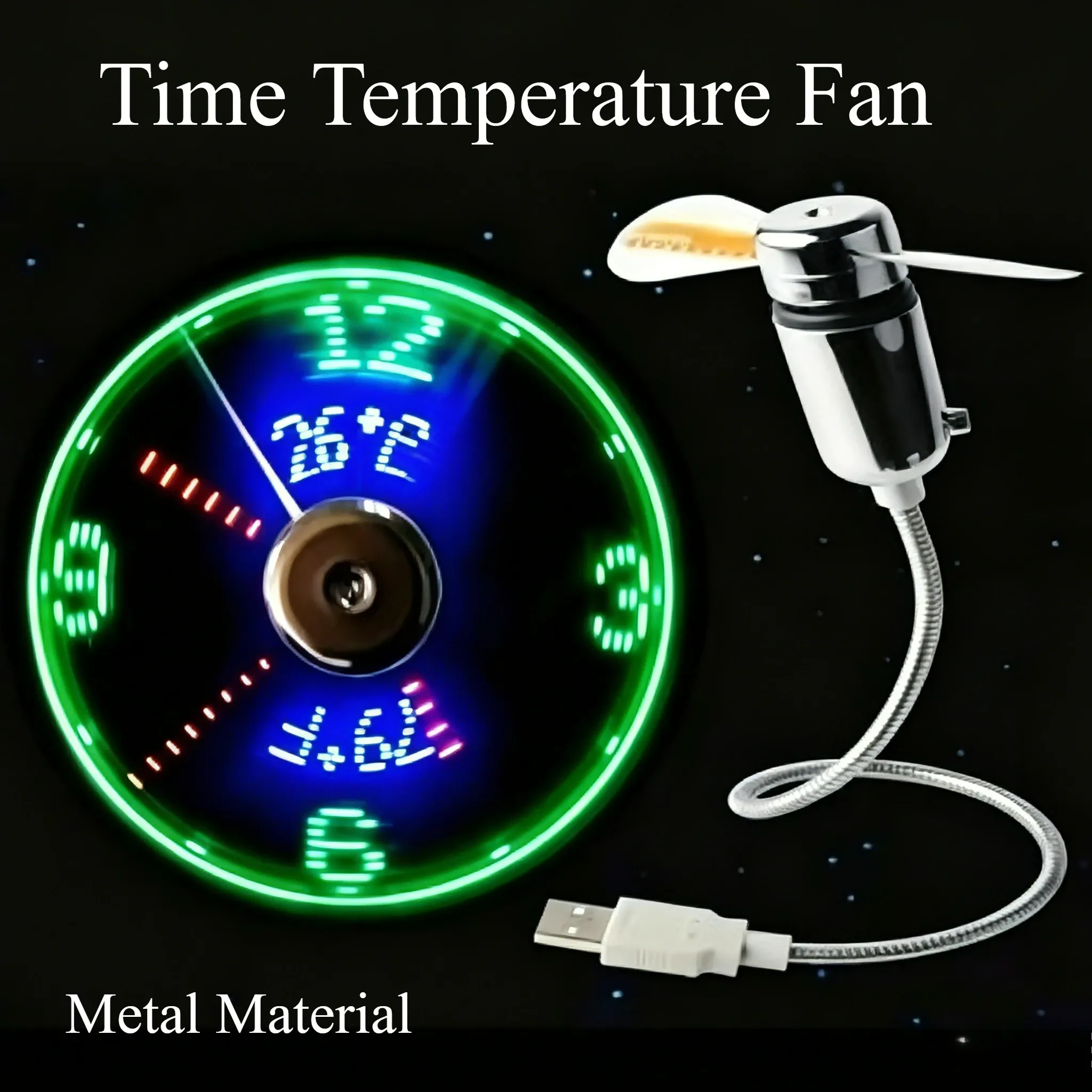Clock Fan RGB LED Night Light Real Time Temperature Display 5V USB Portable Hand Fan Metal Mini Fan for PC Laptop Desktop Cooler