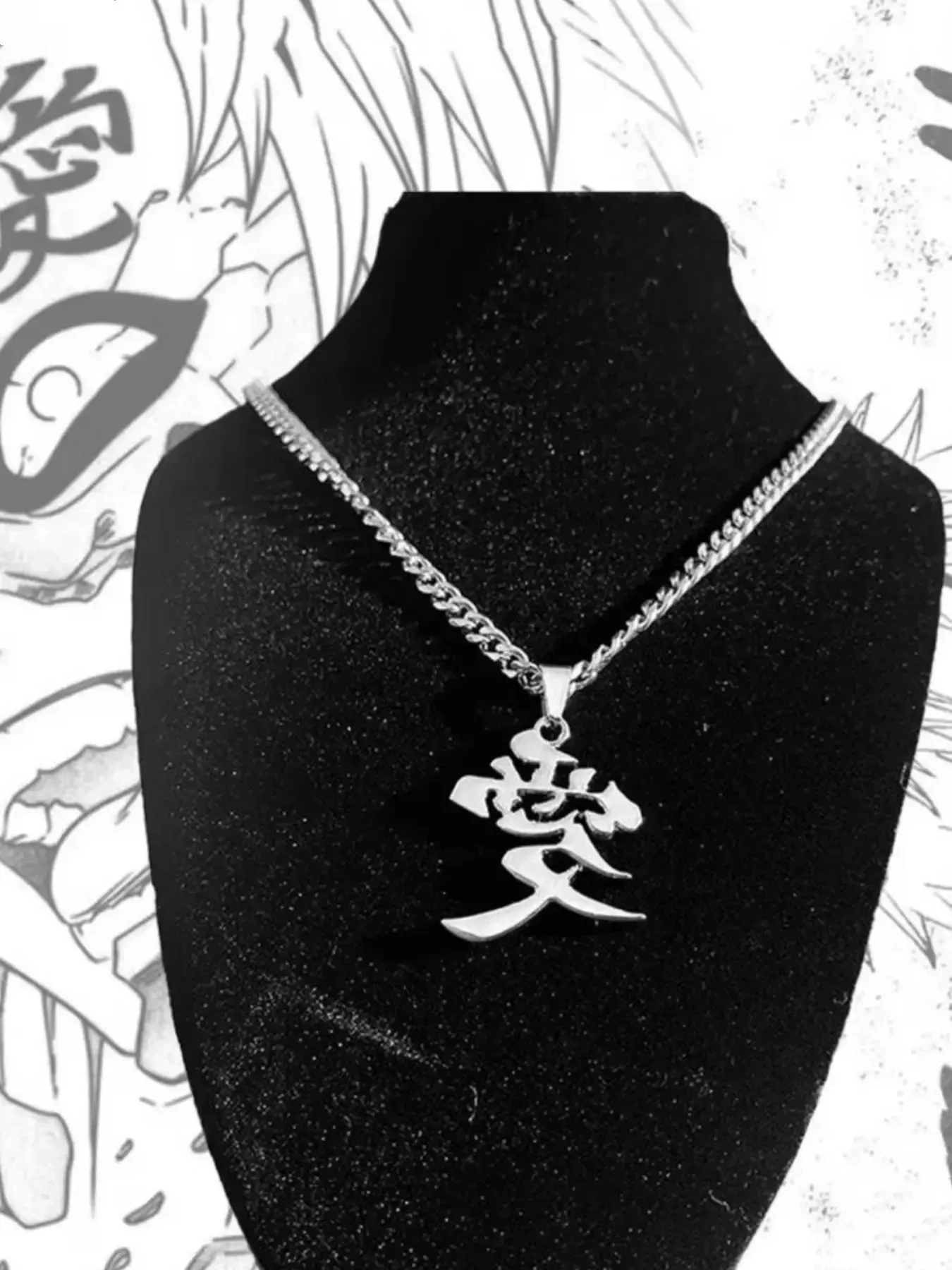 Anime Kanji Stainless Steel Necklace, Punk Style Chain, Gaara Love Symbol Charm, Japanese Streetwear Jewelry for Naruto Fans, Trendy Charms Necklace
