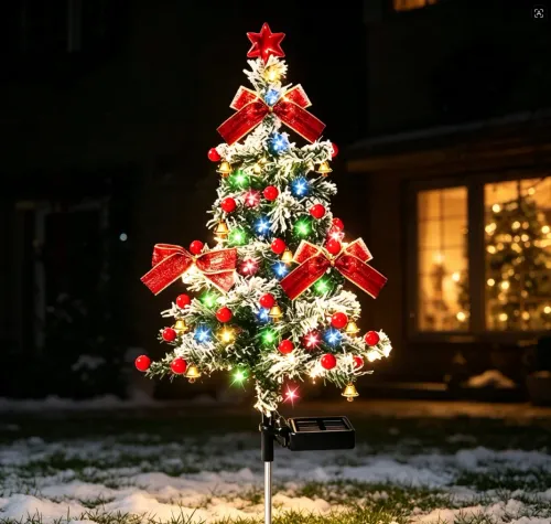 ulticolor LED Solar Tree Lamp Cedar Christmas Garden Stake with Red Bows Berries Bells and Star for Outdoor Holiday Decor