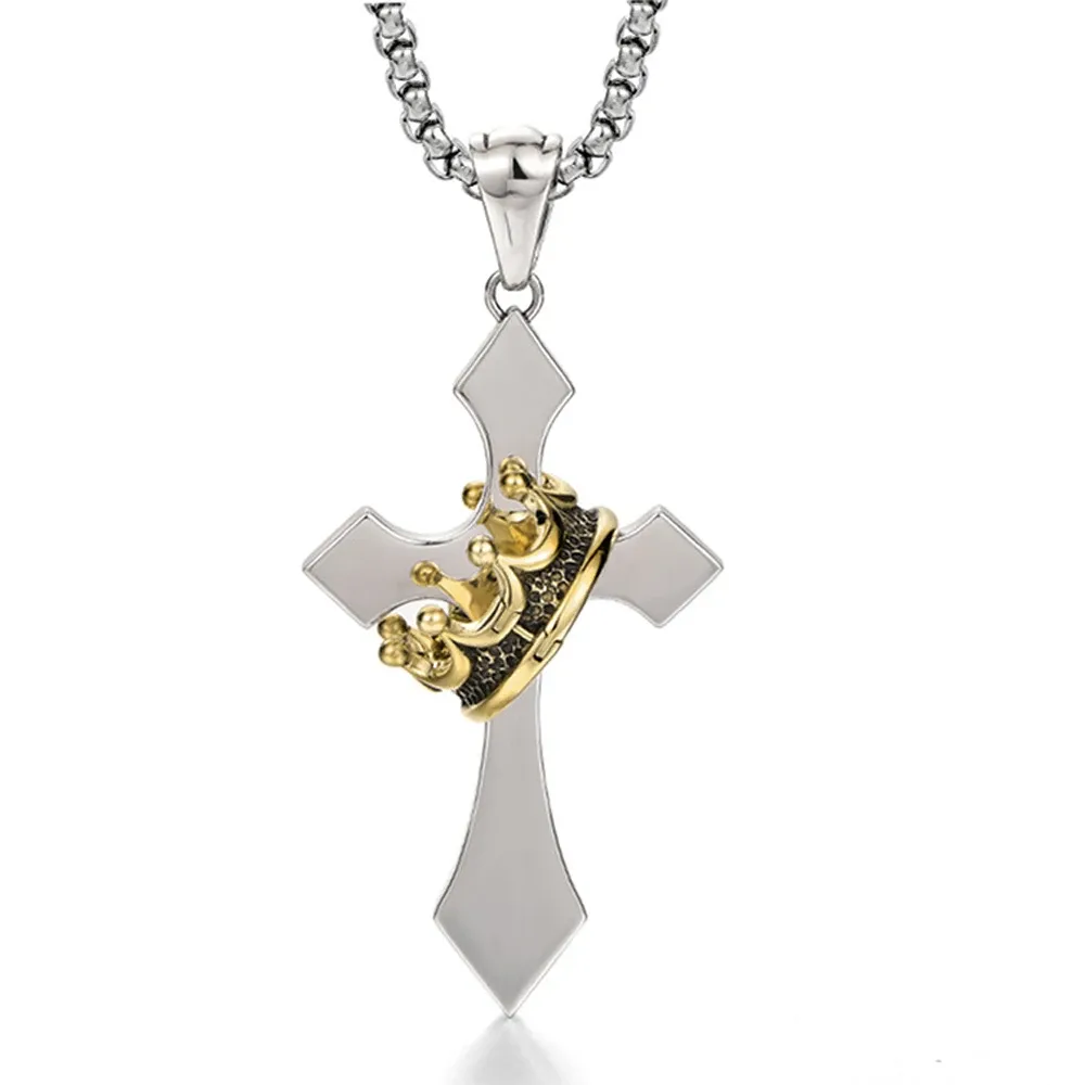 Stainless Steel Crown Cross Necklace Personalized Hiphop Necklace with Gold Crown Stylish Design Pendant Necklace for Men
