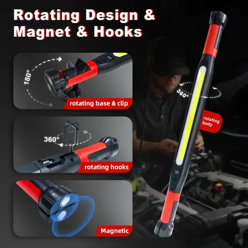 Magnetic Work Light Rechargeable Underhood Work Lamp With Hooks & Rotating Magnetic Base For Car Repairing Emergency