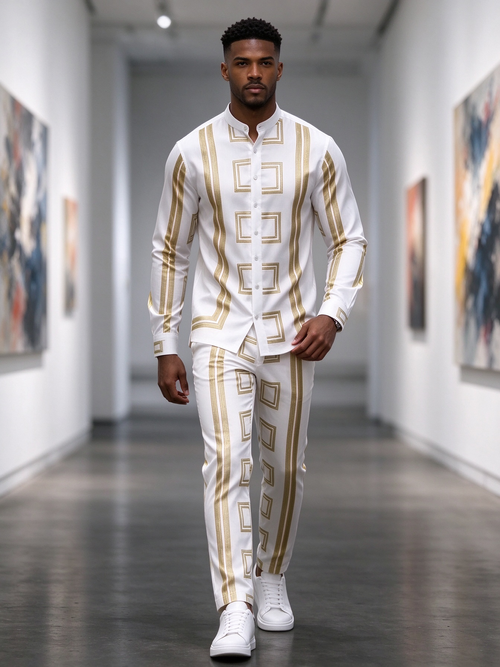 Men's gold-toned geometric-patterned suit