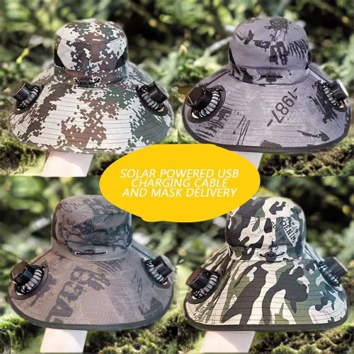 Solar powered fan, large brim, sun shading, hiking and fishing hat