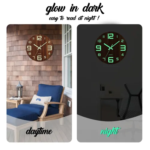12 inch wooden luminous wall clock, silent clock