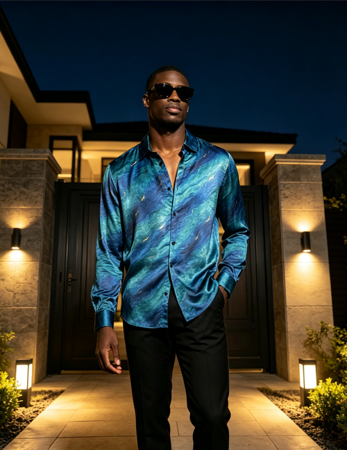 Men Satin Long Sleeve Button‑Down Printed Casual Shirt