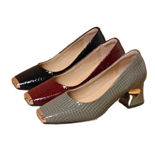 Large Spring and Autumn New Vintage Shallow Mouth Single Shoes for Women, Coarse Heels, Versatile Square Head Women's High Heels