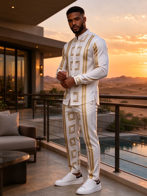 Men's gold-toned geometric-patterned suit